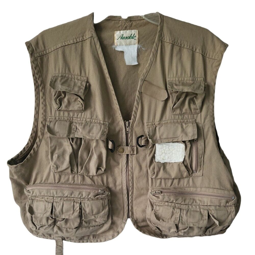 Vintage Ausable Fly‎ Fishing Vest RN15101 Khaki Multi Pocket XL Outdoor Utility